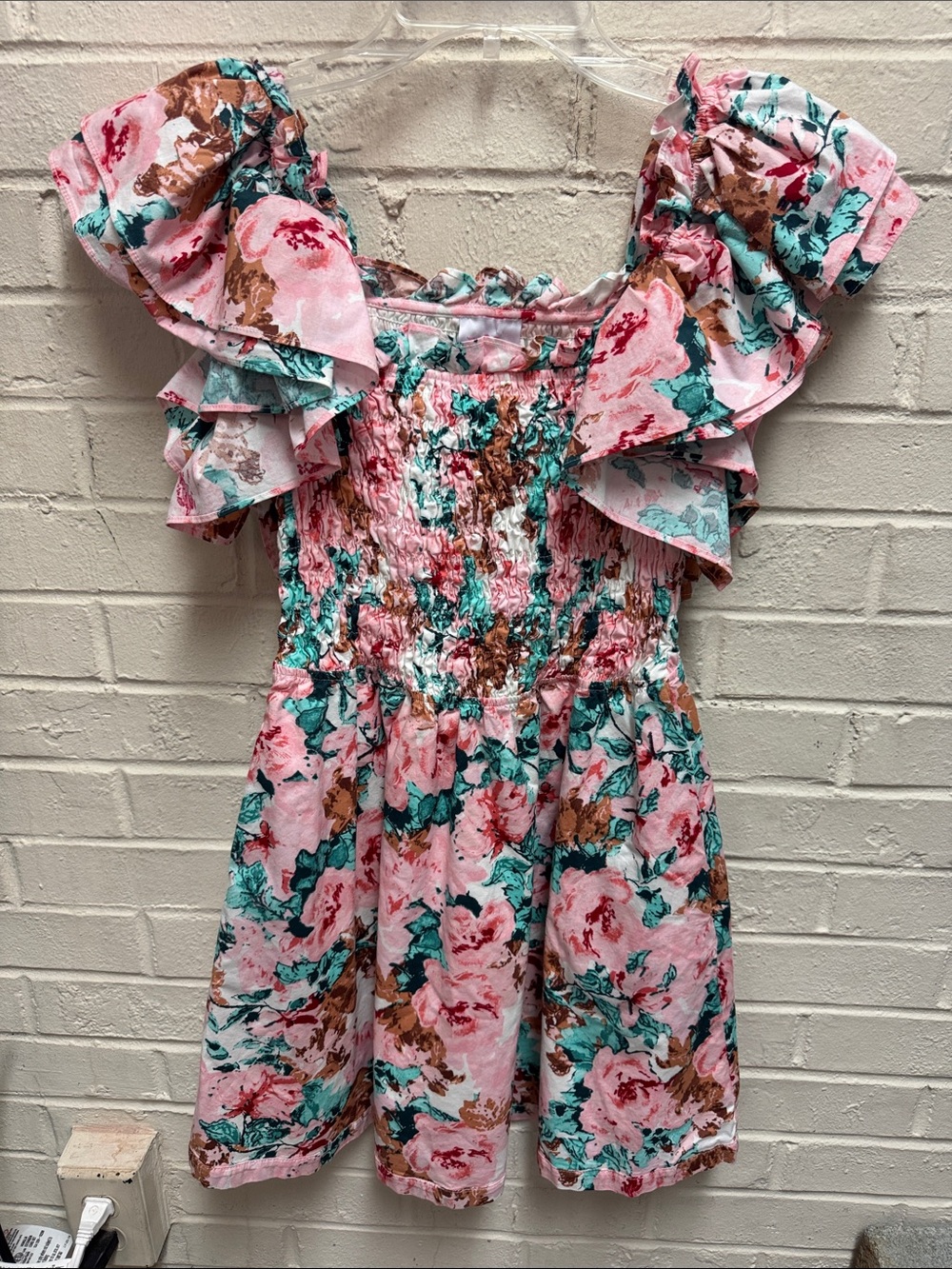 Buddy Love Pink Floral Smocked Mini Dress with Teal & Brown Accents